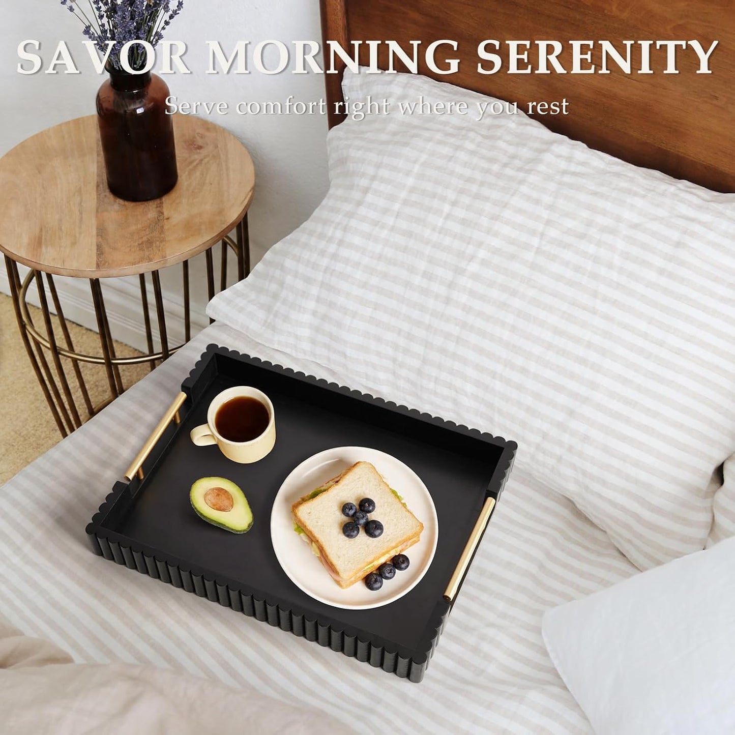 Acacia Wood Decorative Serving Tray with Handles, 16.7" x 12.8" Large Wooden Ottoman Tray for Living Room, Coffee Table Tray Decor for Food, Dinner, Tea or Breakfast in Bed (Natural)