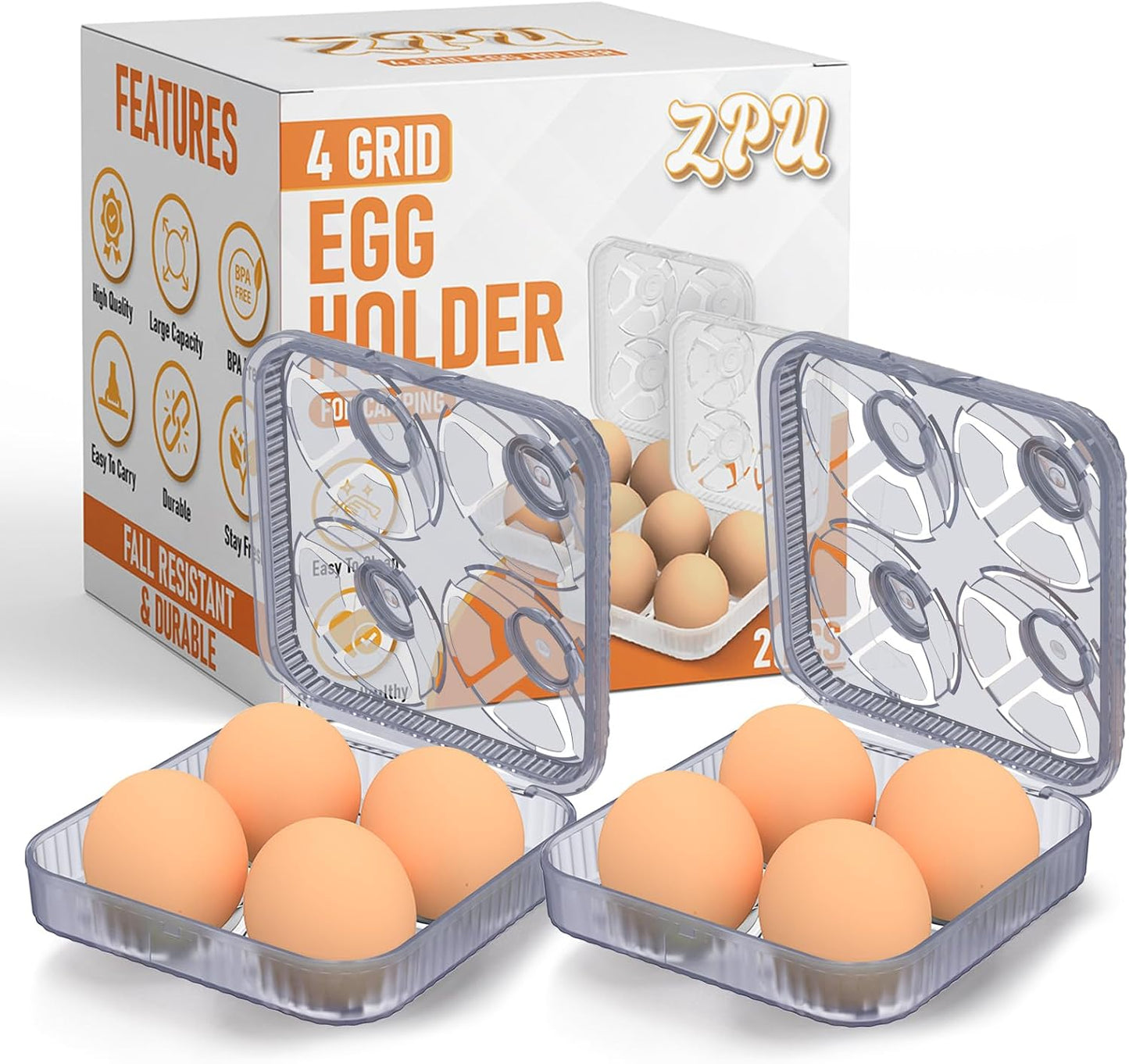 ZPU Egg Holder Camping, 1Pcs 4 Grid Egg Container, Plastic Egg Carrier for Camping Picnic Travel Outdoor Refrigerator Kitchen, Clear White