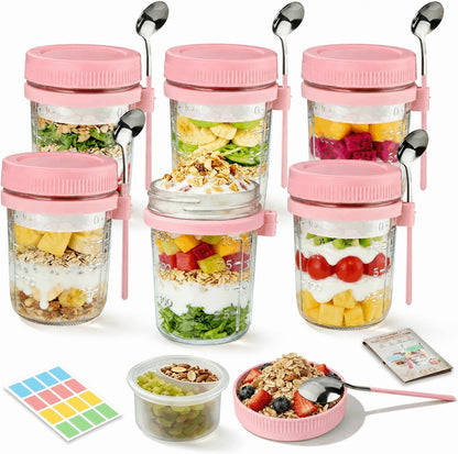Overnight Oats Containers with Lids and Spoons - 4 Pack 16 oz Glass Mason Jars with Separate Compartments Airtight Overnight Oat Jars Leakproof Yogurt Parfait Cup for Oatmeal Chia Pudding Cereal Salad
