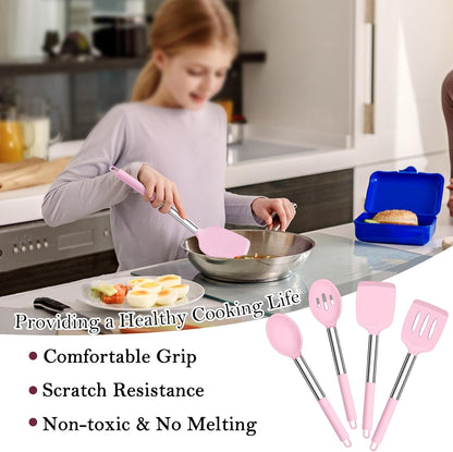 TeamFar Kitchen Utensils, 4 PCS Silicone Cooking Utensils Spatula Spoon Set with Stainless Steel Handle, for Frying Mixing Draining Turning, Healthy & Heat-proof, Non-stick & Dishwasher Safe - Black