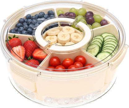 Snack Box Container with Ice Chill Base, 6 Divided Serving Tray with Lid, Handle, Protable Travel Snackle Box Container, Round Veggie and Fruit Tray for Beach, Travel, Picnic, Camping, Kitchen, Party