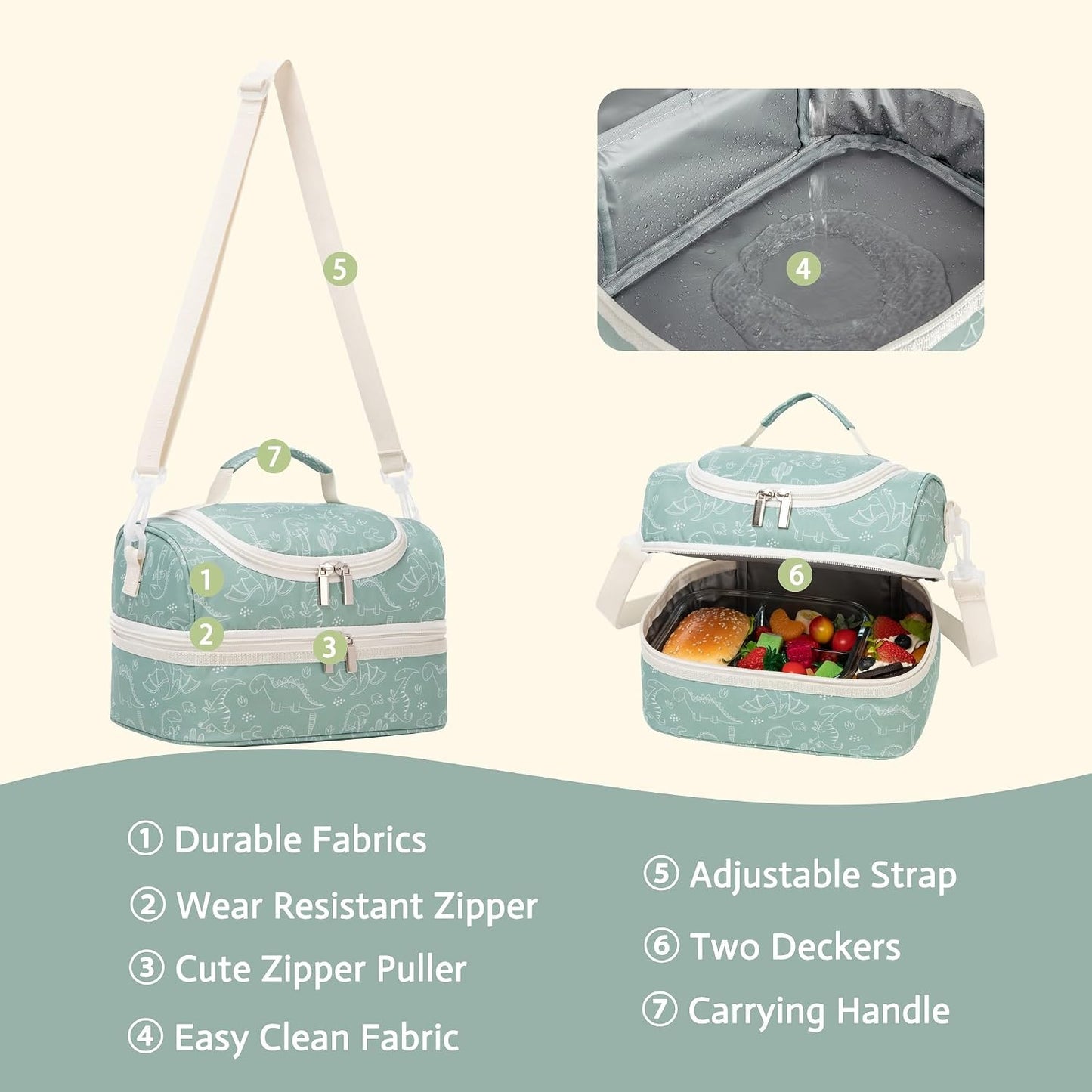 Insulated Kids Dual Compartment Lunch Bags Tote Pack for Girls Boys Toddler Kindergarten School Picnic Cooler Thermal Lunch Boxes with Strap (Green Rainbow)