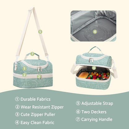 Insulated Kids Dual Compartment Lunch Bags Tote Pack for Girls Boys Toddler Kindergarten School Picnic Cooler Thermal Lunch Boxes with Strap (Green Rainbow)