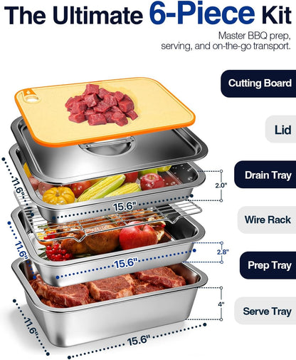 5 in 1 Grill Prep Tray and Carry System, Large Grilling Prep and Serve Trays with Lid and Cutting Board, Deep Meat Marinating Container as BBQ Grilling Gift, Home Series, L