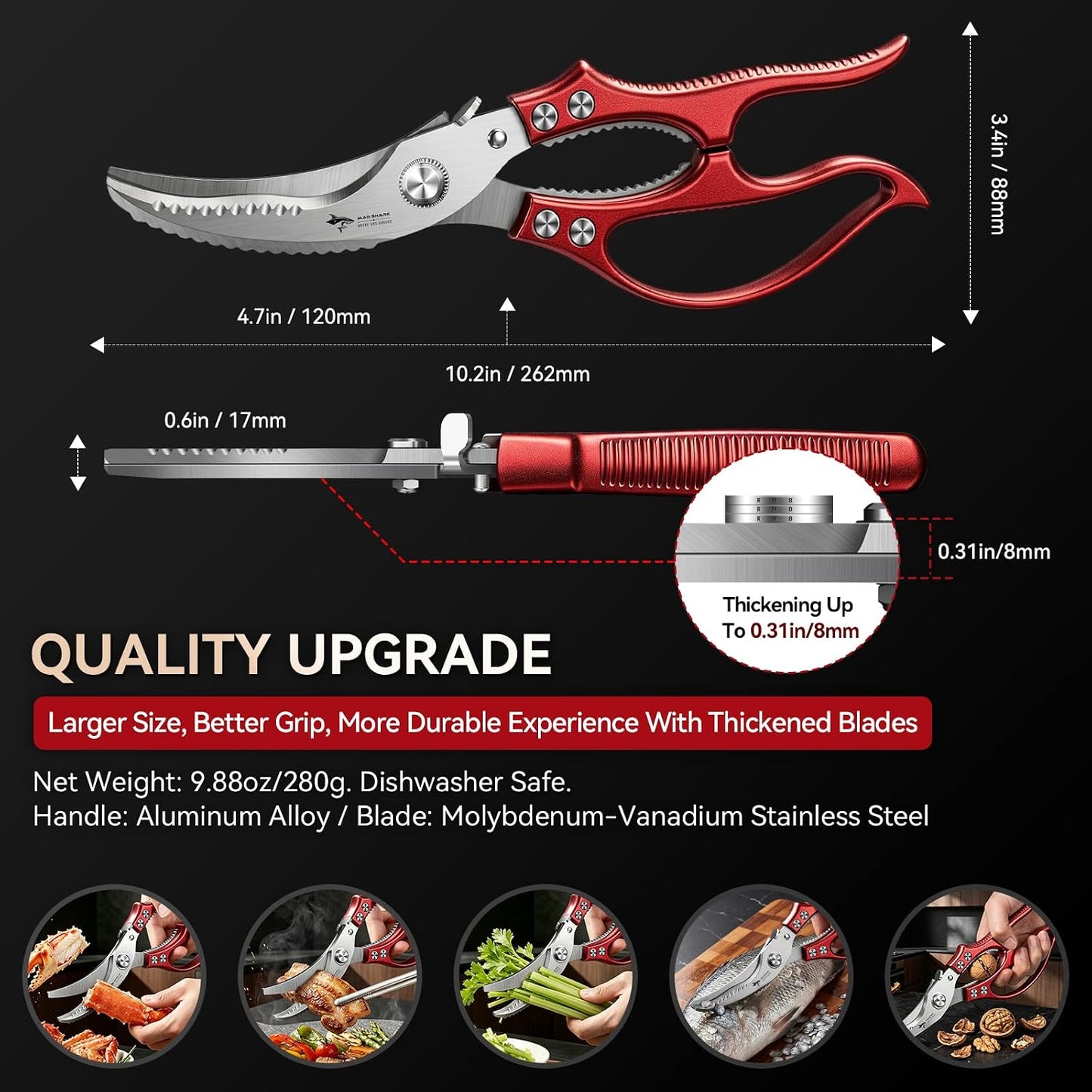MAD SHARK Heavy Duty Poultry Shears, Kitchen Shears with Non-Slip Handle & Safety Lock, All Purpose Kitchen Scissors for Chicken, Meat Cutting, Turkey, Fish, Vegetables, Spring Loaded, Dishwasher Safe