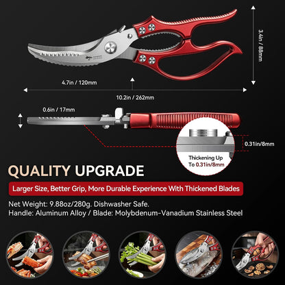 MAD SHARK Heavy Duty Poultry Shears, Kitchen Shears with Non-Slip Handle & Safety Lock, All Purpose Kitchen Scissors for Chicken, Meat Cutting, Turkey, Fish, Vegetables, Spring Loaded, Dishwasher Safe