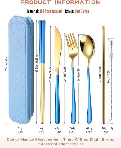 AARAINBOW 6 Pieces 18/8 Stainless Steel Flatware Set Portable Reusable Cutlery Set Travel Utensils Set Including Chopsticks Knife Fork Spoon Straws Cleaning Brush Dishwasher Safe (Green golden)