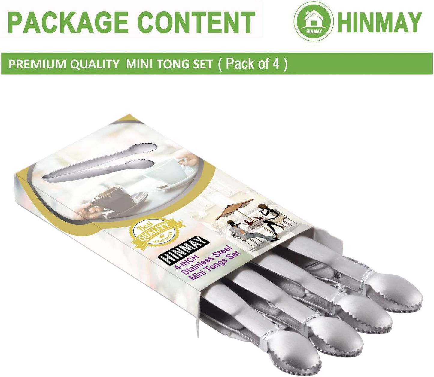 HINMAY Sugar Tongs 4-Inch Mini Serving Tongs Stainless Steel Appetizer Tongs, Set of 4