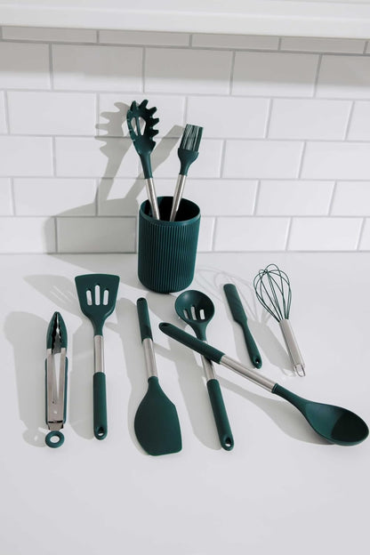 10-Piece Silicone Kitchen Utensil Set with Holder, High Heat Resistant & Nonstick Safe, Dishwasher Safe - Green