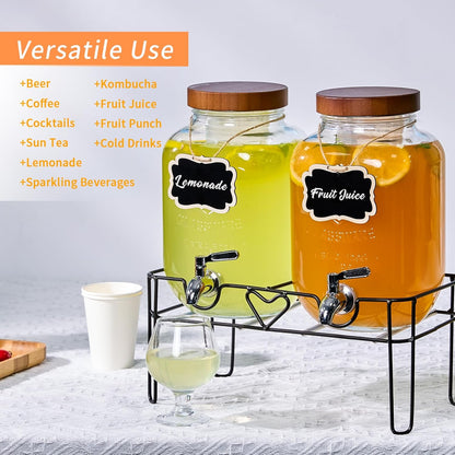2 Pack1Gallon Glass Drink Dispenser with Stand&Bamboo Lids&Fruit Infuser,304 Stainless Steel Leak-Proof Spigot,Beverage Dispenser for Parties,Water Sangria Juice Sun Tea Lemonade(Natural)