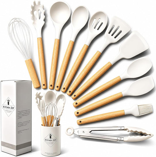 Silicone Kitchen Utensil Set with Holder, 12-Piece Heat-Resistant BPA-Free Non-Stick Cooking Tools with Wooden Handles, Includes Spatula, Spoon, Slotted Spoon, Whisk, Tongs & Brush