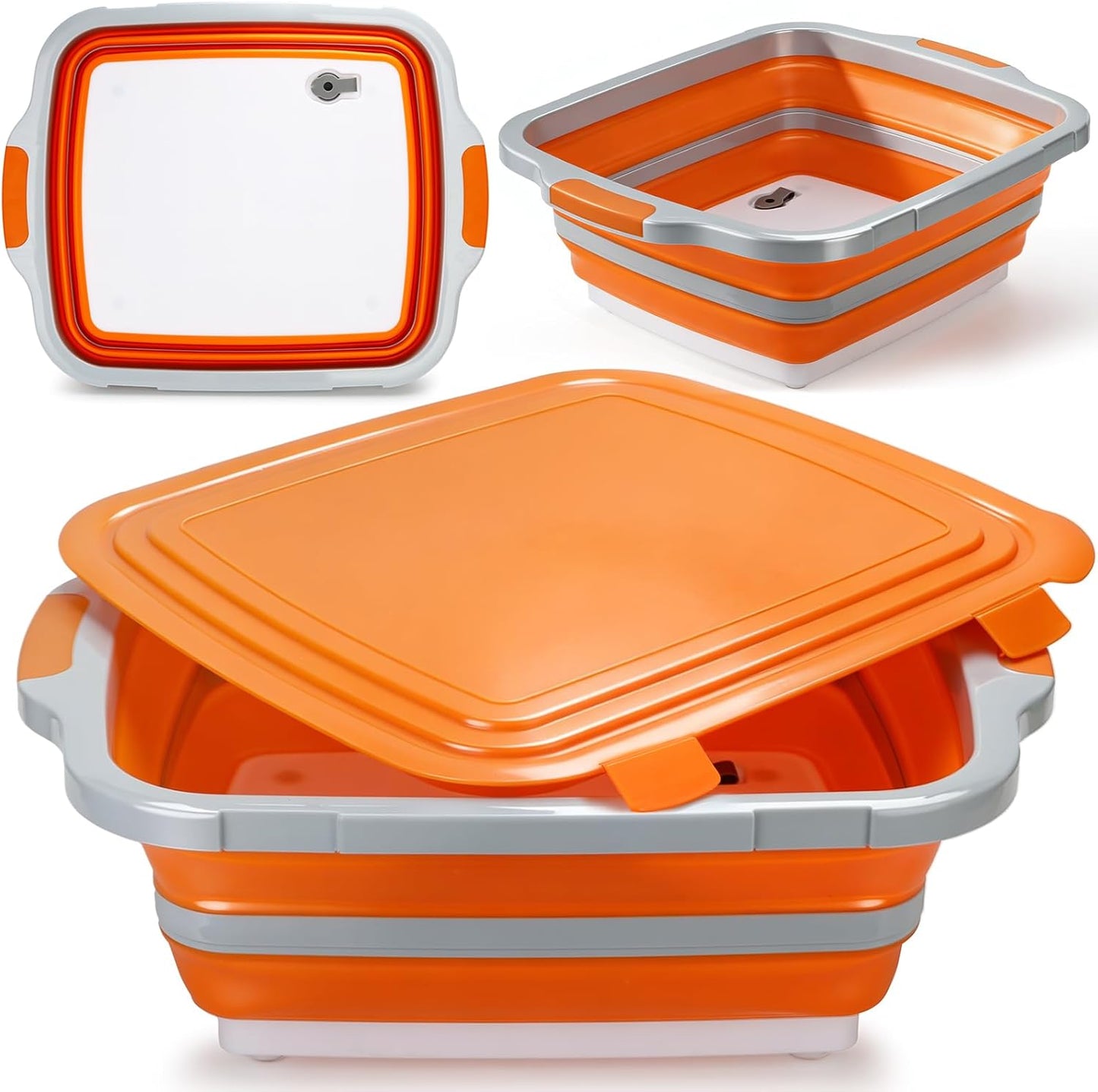 8L Collapsible BBQ Prep Tub with Locking Lid & Cutting Board - Marinade Container Grill Carry System for RV Picnic Tailgate - Portable Wash Basin for Kitchen Camping Sink - Gift for Men Women