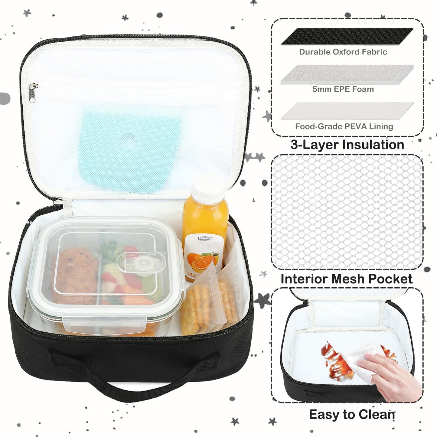 FlowFly Kids Lunch box Insulated Soft Bag Mini Cooler Back to School Thermal Meal Tote Kit for Girls, Boys, Black