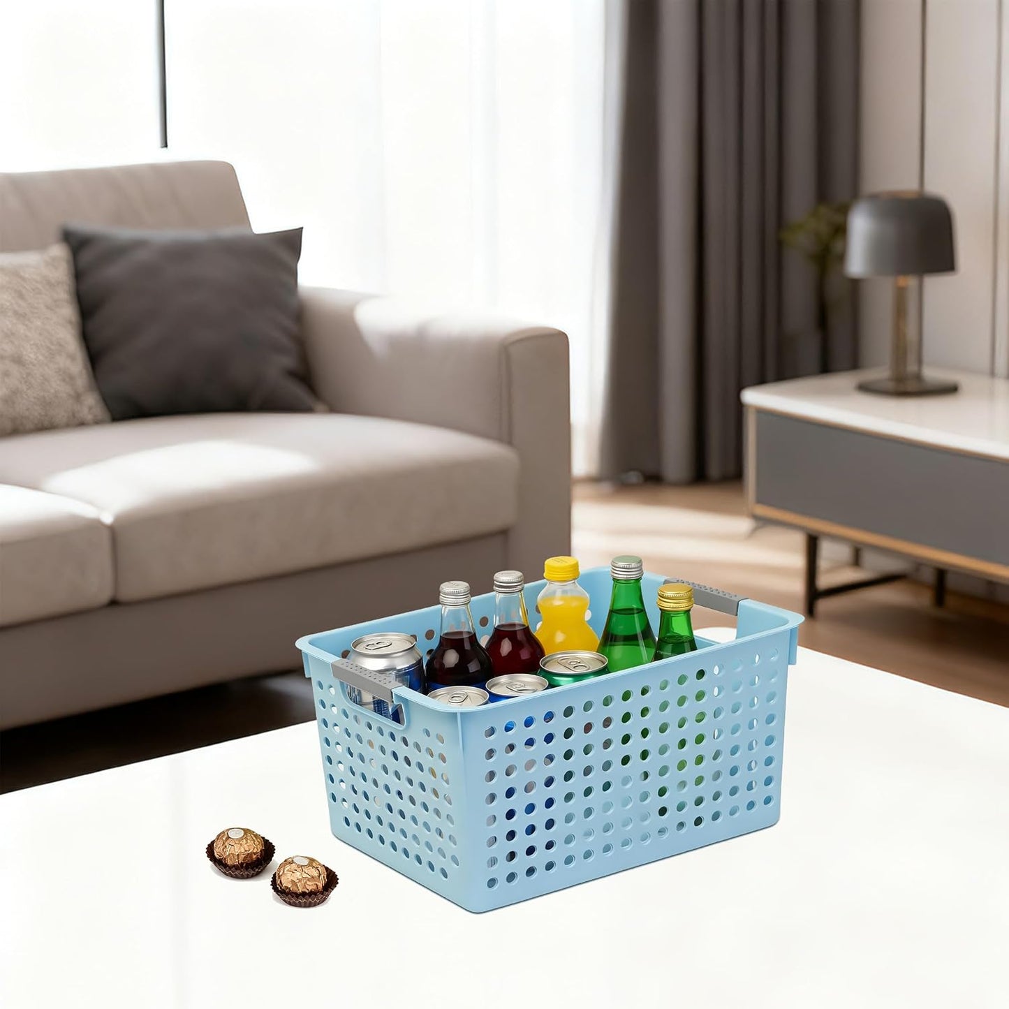 Soddeph 4 Pack Plastic Deep Storage Basket with Handles, Cubbies Organizer Bins with Hollow Design for Under Counter, Closet, Kitchen or Bathroom 12.3" × 8.7" × 6.9"(White, Medium)
