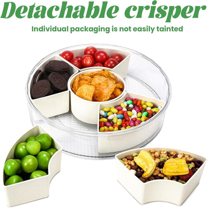 Snackle Box Container Divided Serving Tray with Lid, Handle, Spoon and Fork - Kitchen Portable Spinning Round Stackable Container with 6-Compartment for Veggies, Fruit, Candy, Party, Nuts, Essentials