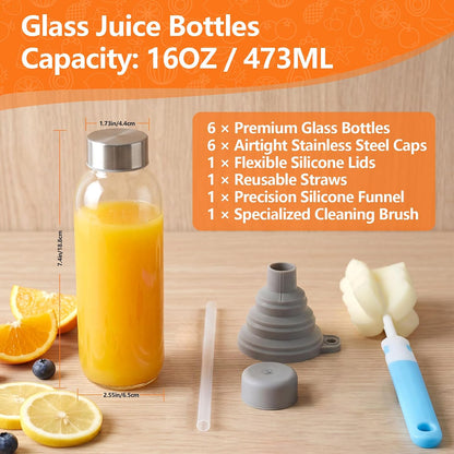 Glass Juice Bottles with Lids 10 oz, 6 Pack Reusable Small Glass Bottles with Stainless Steel Caps & Straws, BPA-Free Leak proof Juice Bottle Containers for Juicing, Milk, Smoothies & Fridge
