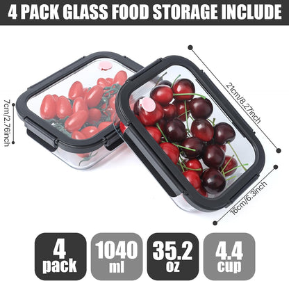 4 Pack Borosilicate Glass Meal Prep Containers, Glass Food Storage Containers with Tempered lids, 35.2oz/4.4 Cup Airtight Leak-Proof Glass Lunch Containers for Microwave Freezer Safe (Green)