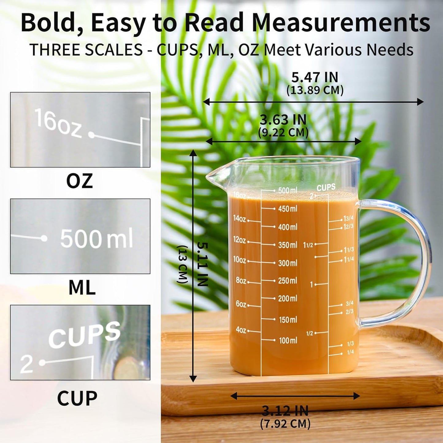 77L 3 Pack Glass Measuring Cup Set (1 1/4, 2 & 4 Cup) [Insulated handle, V-Shaped Spout], High Borosilicate Liquid Glass Measure Cup for Kitchen, Easy To Read, Dishwasher, Freezer, and Microwave Safe