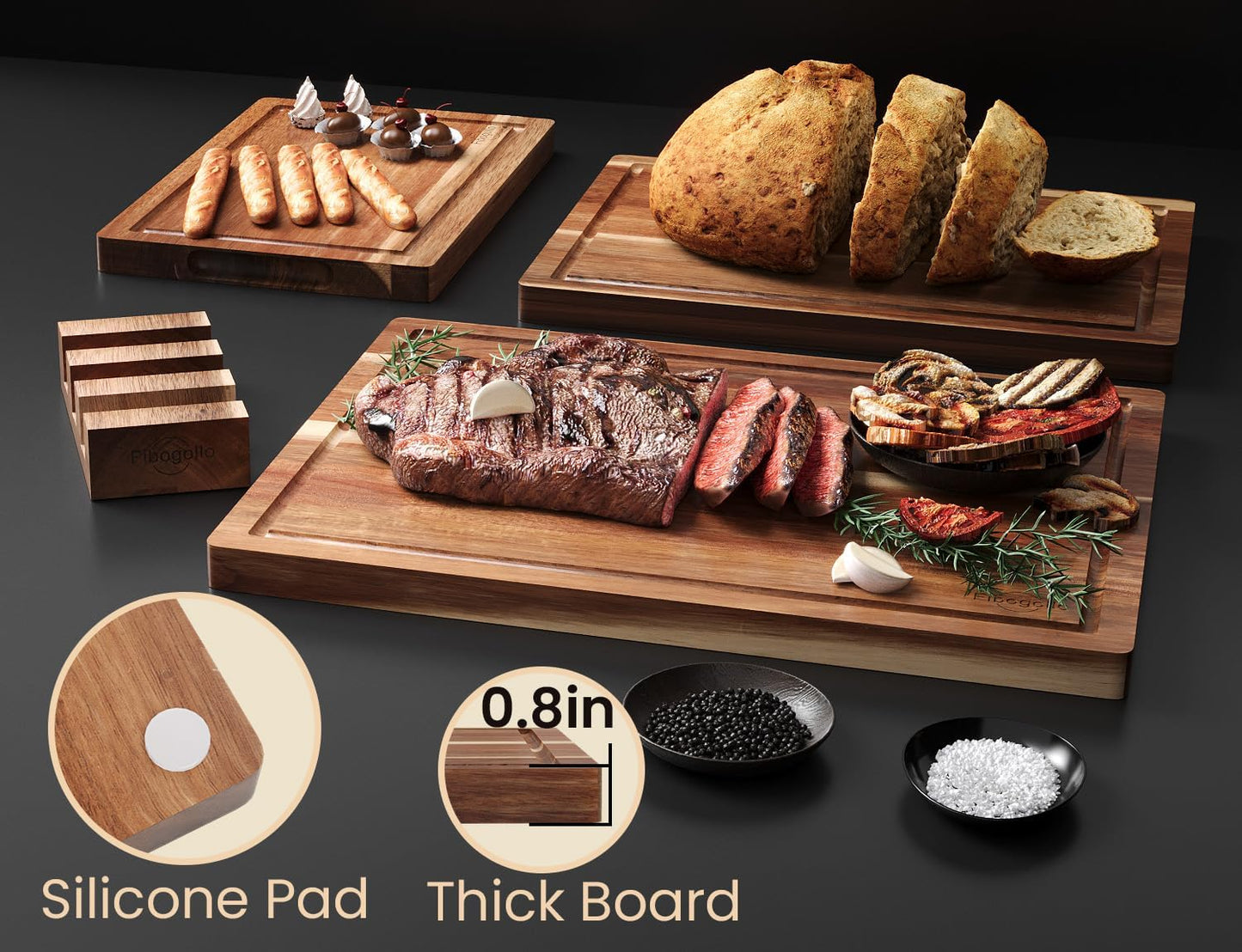 Fibogollo Acacia Wood Cutting Boards for Kitchen(Set of 3),Wooden Chopping Boards Set with Juice Groove,Serving Board with Holder,Butcher Block for Meat,Vegetables,Fruit