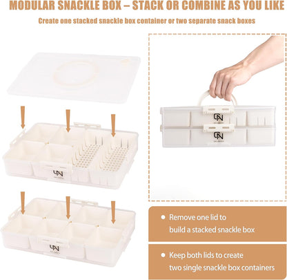 Snackle Box Container - 10 Compartments Including 2 XL, Dishwasher & Microwave Safe, Divided Serving Tray with Lid and Handle, BPA-Free, snack box (1 PCS, White, 1 Box with 2 XL Compartments)