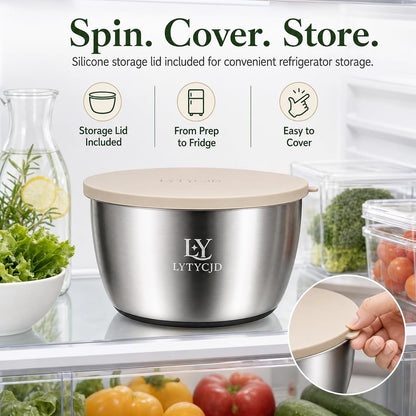 Large Salad Spinner 5.3 Qt with Stainless Steel Basket & Storage Lid, Black