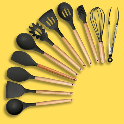 33-Piece Silicone Kitchen Utensil Set with Holder – Heat Resistant up to 446°F, Non-Stick Cooking Tools with Wooden Handles, Measuring Cups, Spatulas, Tongs, Whisk & More