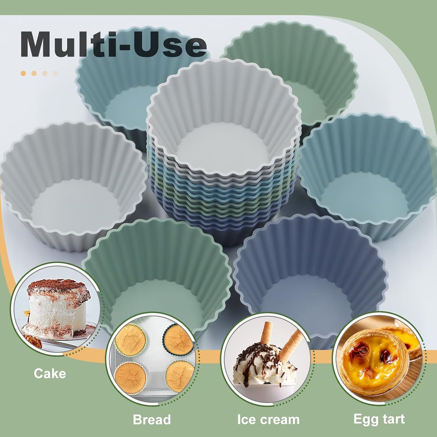 Silicone Baking Muffin Cups 12 Pack, Reusable Cupcake Liners Cake Molds, BPA Free, Dishwasher Safe(White, Green, Navy, Dusty Blue)