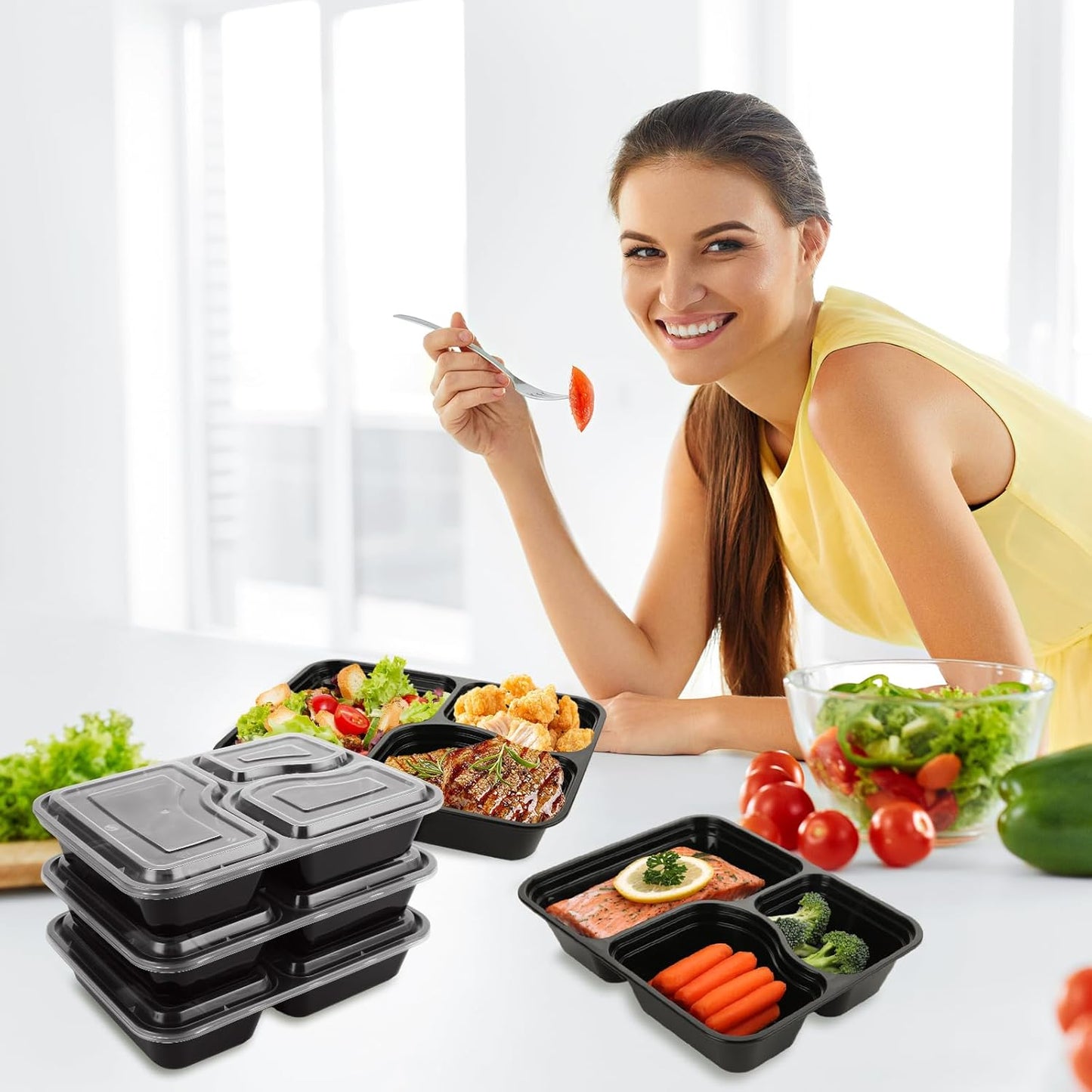 YOUNTHYE 50PCS Disposable Meal Prep Containers 3 Compartment Food Prep Containers with Lids 30oz Plastic Bento Box Lunch Containers Stackable Meal Prep Containers Bulk for Microwave, Freezer Safe