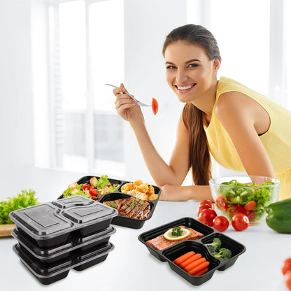 YOUNTHYE 50PCS Disposable Meal Prep Containers 3 Compartment Food Prep Containers with Lids 30oz Plastic Bento Box Lunch Containers Stackable Meal Prep Containers Bulk for Microwave, Freezer Safe