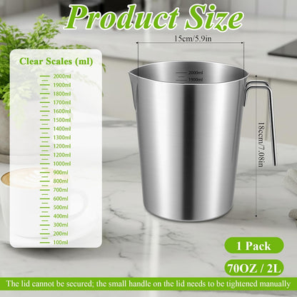 2L 18/8 Stainless Steel Measuring Cup with Handle and Pour Lip, 304 stainless pitcher with marking with handle, 68OZ/2 Liter- 8 Cup, Heavy-Duty Pitcher