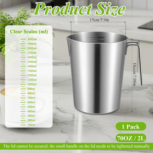 2L 18/8 Stainless Steel Measuring Cup with Handle and Pour Lip, 304 stainless pitcher with marking with handle, 68OZ/2 Liter- 8 Cup, Heavy-Duty Pitcher