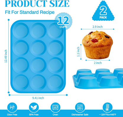 2Pack Silicone Muffin Pans with Metal Reinforced Frame,12 Cup Regular Size Silicone Cupcake Pan,Muffin Tin,Nonstick Cupcake Baking Molds for Muffins,Cupcakes,Egg Bites,BPA Free (2Pack Red)