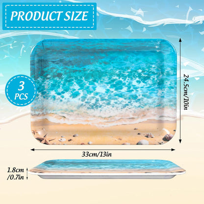 JarThenaAMCS 3Pcs Summer Beach Serving Trays Reusable Serving Dishes Ocean Wave Sand Seashell Starfish Platter for Outdoor Party Serving Food Snacks Fruits Dessert