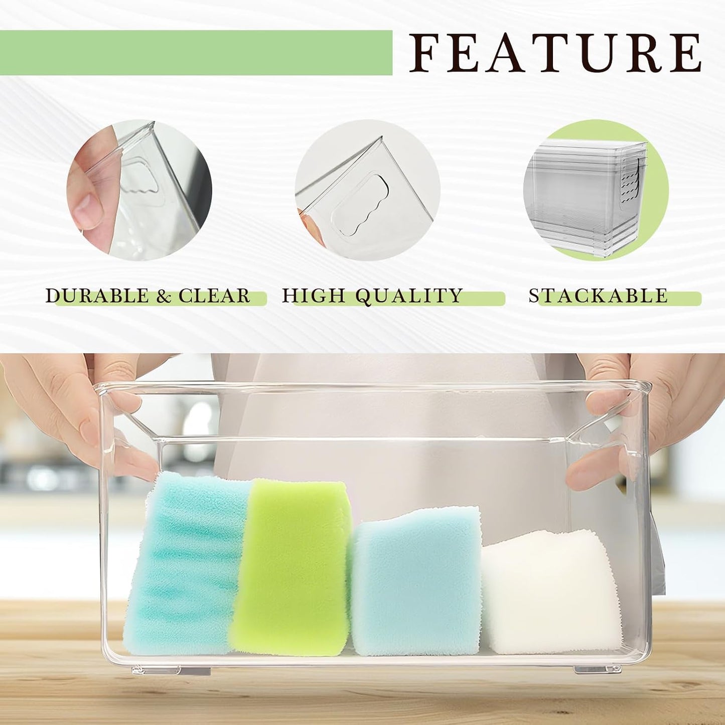 6 Pack Clear Plastic Storage Bins with Handles, Stackable Pantry Fridge Cabinet Under Sink Organizers and Storage, Multi-use Large Home Kitchen Bathroom Organization for Shelf Closet Drawer