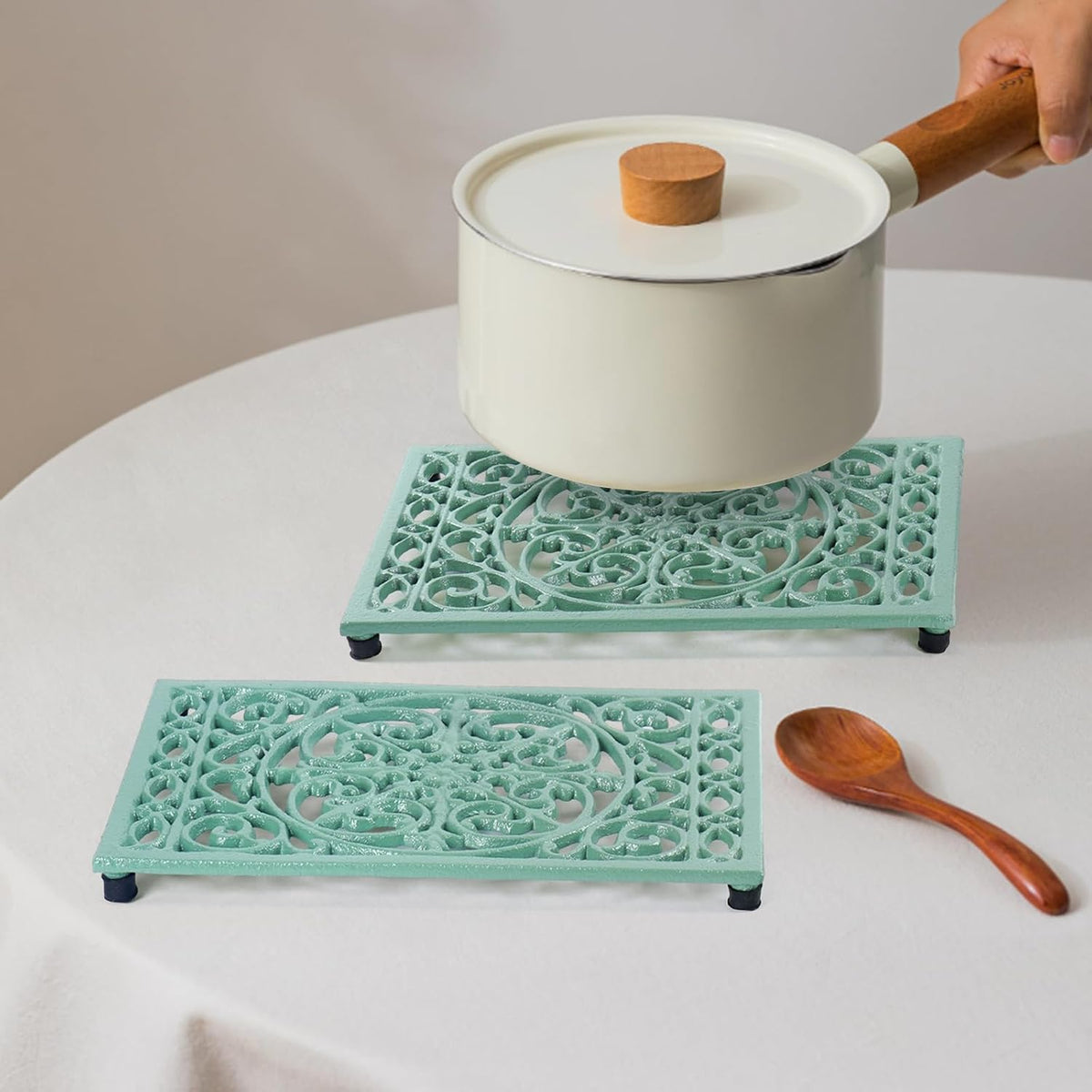 Notakia 9.6 x 6.3 Inch Cast Iron Trivet Set, Large Metal Trivets for Hot Dishes Pots Pans Decorative Kitchen Trivets, Heat-Resistant Trivet Mats for Quartz Countertops, Green Kitchen Accessories