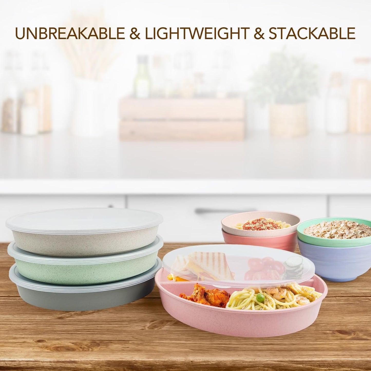 greenandlife 9 Inch 4PCS Portion Control Plates with Lids, Divided Plates for Kids Adults, Dishwasher Microwave Safe Compartment Plate, Unbreakable Lightweight Reusable Wheat Straw Plate, Earth Tone