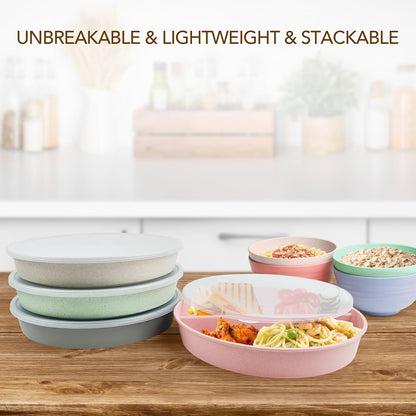 greenandlife 9 Inch 4PCS Portion Control Plates with Lids, Divided Plates for Kids Adults, Dishwasher Microwave Safe Compartment Plate, Unbreakable Lightweight Reusable Wheat Straw Plate, Earth Tone