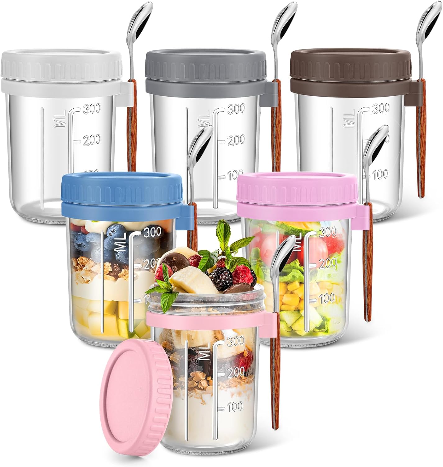 6 Pack Overnight Oats Containers with Lids and Spoons, 16 oz Glass Mason Jars with Airtight Lids, Meal Prep Containers, Overnight Oats Jars for Milk, Cereal, Fruit