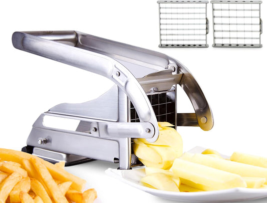 2-Blade French Fry Cutter - Stainless Steel Potato Slicer, Non-Slip Suction