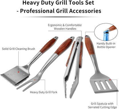 FJNATINH Heavy-Duty Grilling Accessories Rose Wooden BBQ Grilling Tools Set,Outdoor Grill Set with Spatula, Fork, Brush & Tongs,Essential Accessories for Barbecue & Grill. Ideal Gift for Men