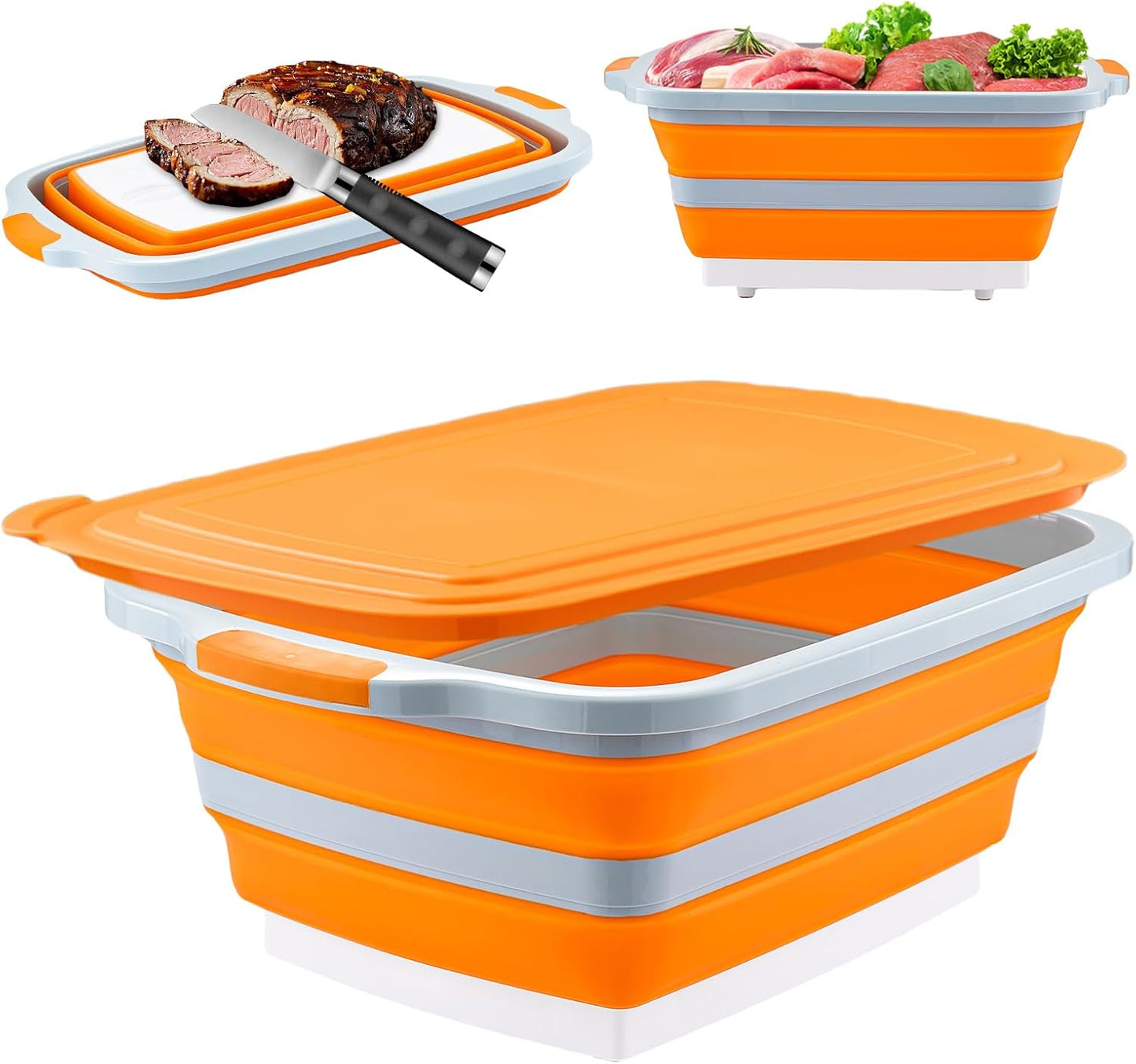 Collapsible Cutting Board with BBQ Prep Tub and Lid, Foldable Food Prep Container for Meal Prep, Marinating, Food Storage, Grilling, Camping and Outdoor Cooking, Dishwasher Safe, Black XX-Large