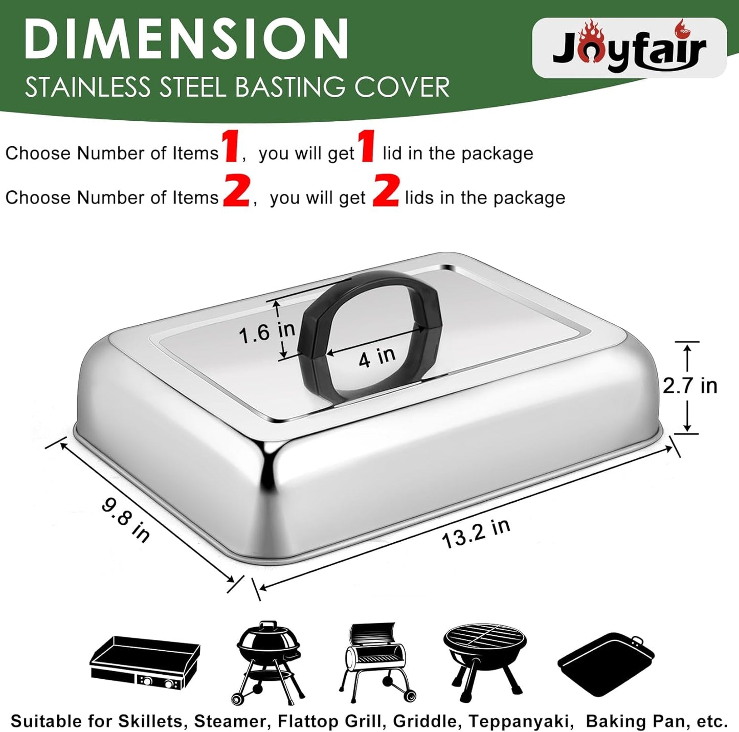 2Pcs Basting Cover Melting Dome for Griddle (13 x 9.8"), Joyfair Rectangular Stainless Steel Cheese Melt Lid for Outdoor Flat Top Grill, Heat-Resistant Handle & Dishwasher Safe (No Vent)
