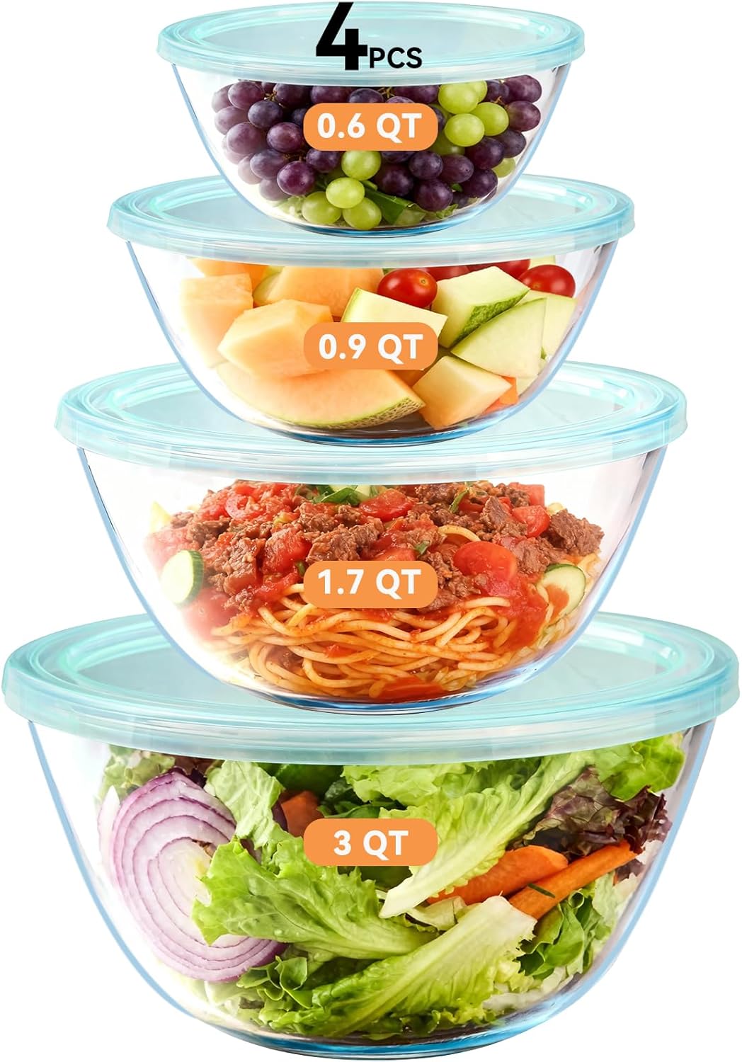 YUANYE 5 Pack Glass Mixing Bowls with Lids Set (5/2.5/1.5/0.9/0.6QT), Thick Glass Large Salad Bowl Set, Nesting Kitchen Bowls for Serving, Prepping, Cooking and Baking, Dishwasher,Oven,Microwave Safe