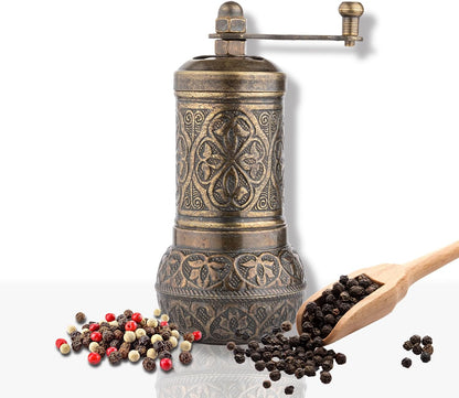 Handmade Decorative Black Pepper Grinder, Zamak Conical Burr, Refillable Turkish Spice Mill Manual Pepper Mill with Handle, Spice Grinder Metal with Hand Crank 11 cm-4.3 inch
