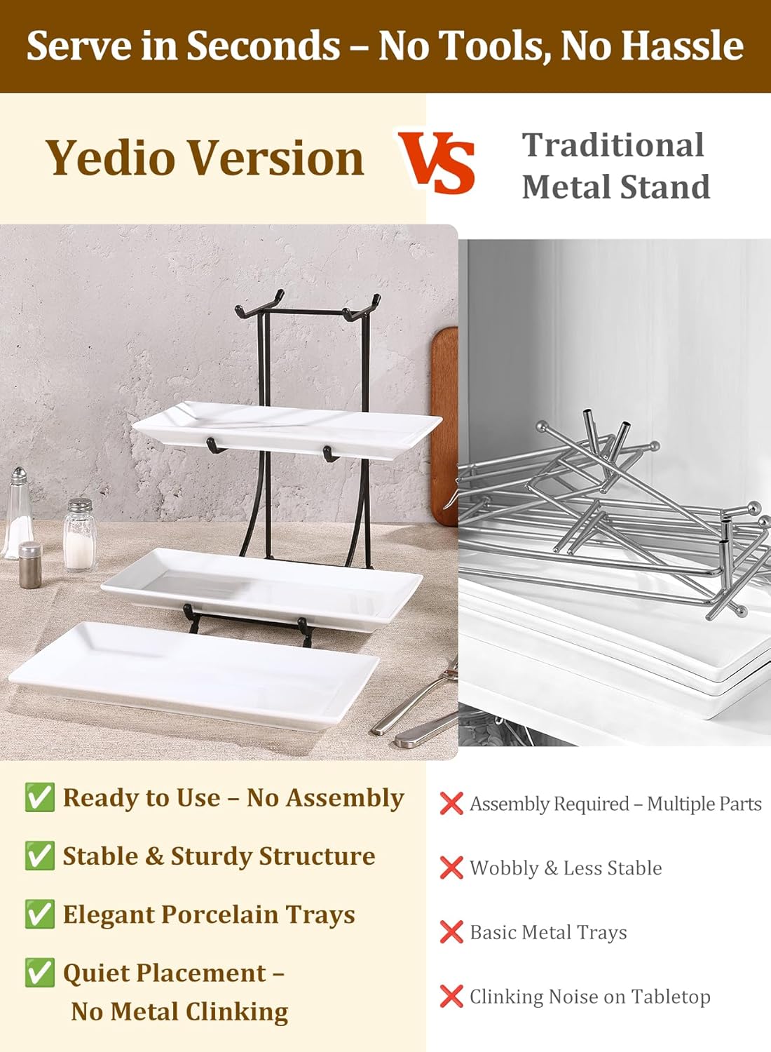 Yedio 3 Tier Serving Tray Set – 12 Inch Porcelain Serving Platters with Pre-Assembled Gold Metal Stand, No Installation Required, Tiered Tray for Dessert Fruit Food Display and Party Entertaining