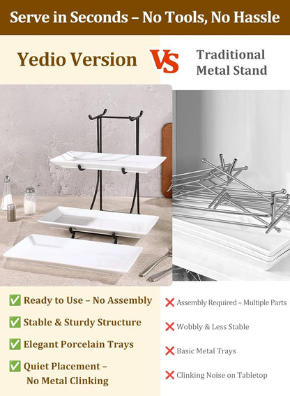 Yedio 3 Tier Serving Tray Set – 12 Inch Porcelain Serving Platters with Pre-Assembled Gold Metal Stand, No Installation Required, Tiered Tray for Dessert Fruit Food Display and Party Entertaining