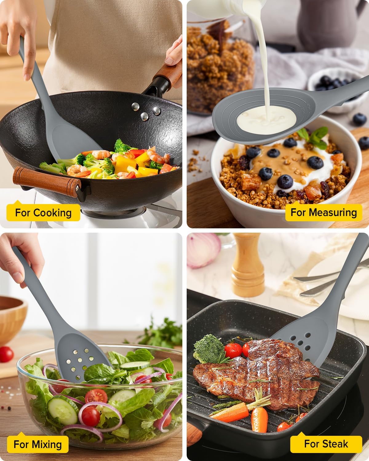 Pack of 4 Silicone Cooking Utensils Set, Non Stick Solid Spatulas and Heat Resistant Slotted Spoons with Back Hooks, Ideal BPA Free Kitchen Utensils Set for Frying,Serving,Turning,Stirring(KHAKI)