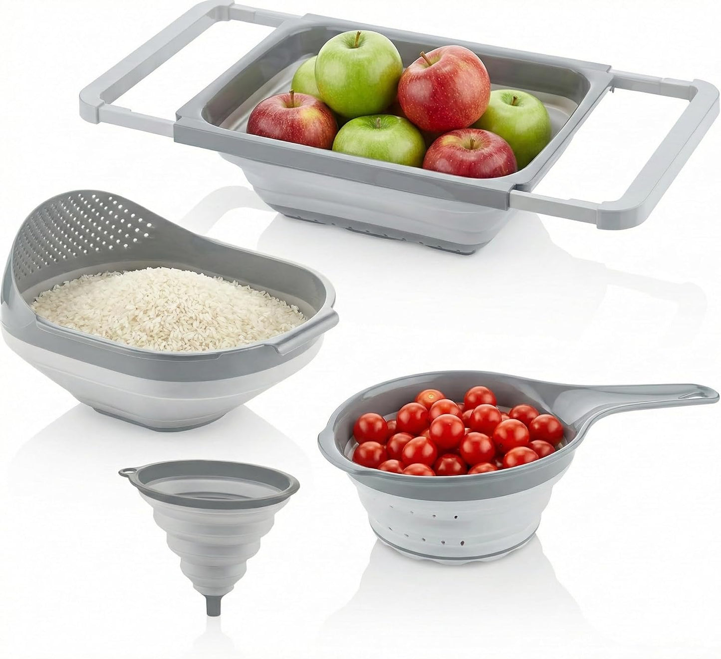 Collapsible Colanders for Kitchen | Strainer with Handle, Over Sink Collander, Rice Strainer | 4 Pcs
