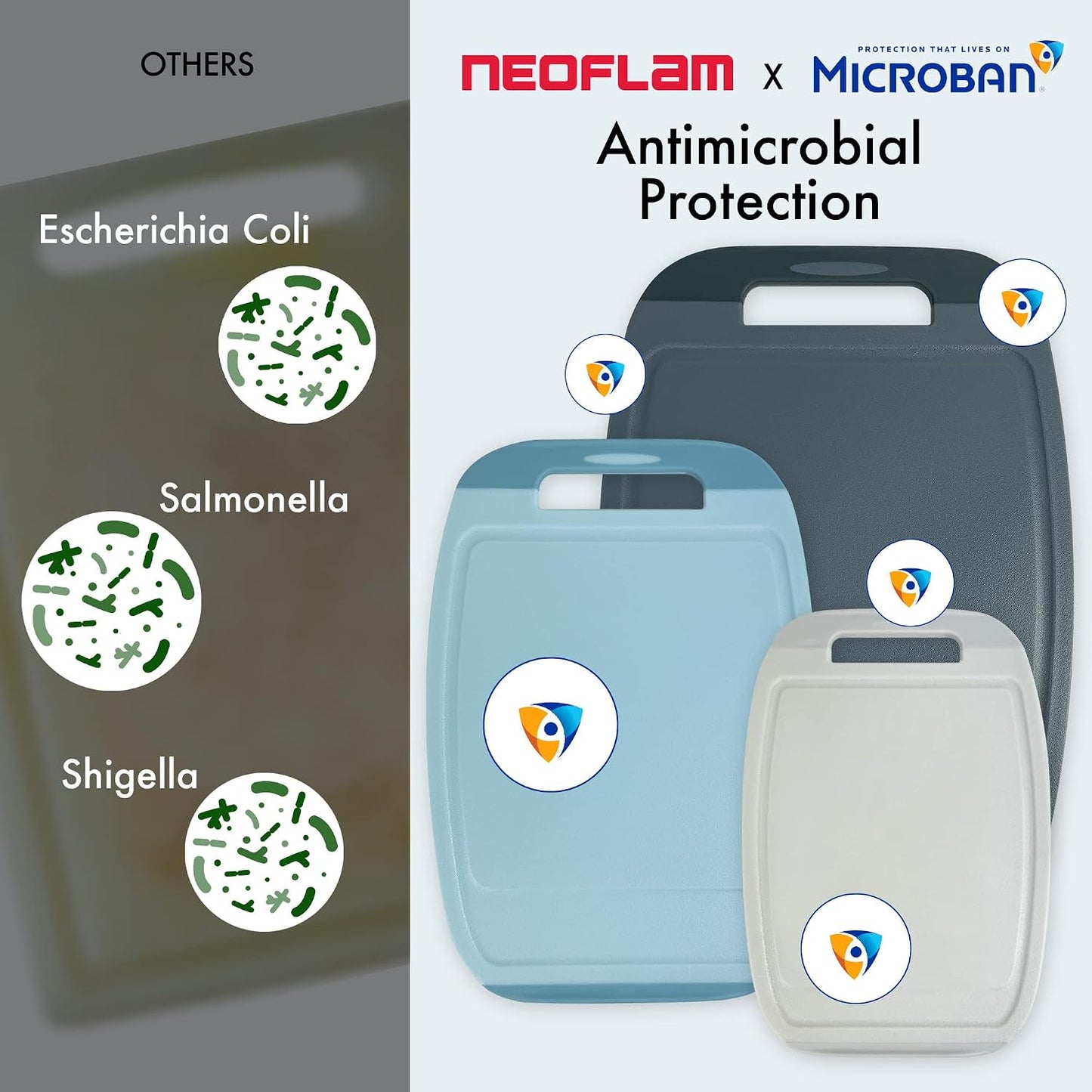 Neoflam Microban Protection Cutting Board 3 Piece Set, Stain & Odor/BPA Free, Reversable Board, Upgraded Larger Juice Groove, Non-Slip EZ Grip Handle, Dishwasher Safe, Pastel