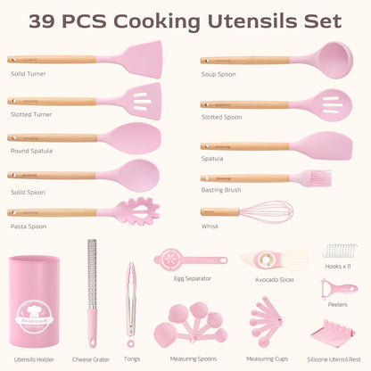 Astercook 39 PCS Kitchen Utensils Set, Silicone Cooking Utensil Sets with Wooden Handle, 446°F Heat Resistant Food Grade Spatula Set, BPA Free Kitchen Gadgets Tools Set & Spoons for Nonstick Cookware